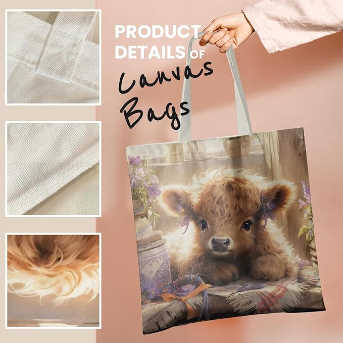 Western Highland Cow Canvas Tote Bag - Highland Cow Lover Gifts,Canvas Shoulder Bag for Women for Girls
