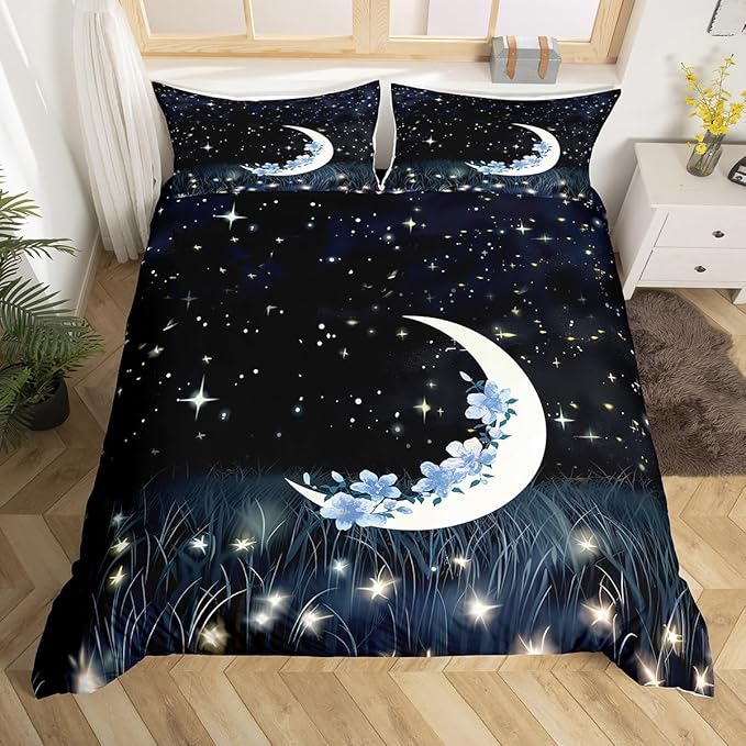 Castle Fairy Moon Duvet Cover Full Size Starry Sky Theme Bedding Set Fashion Romantic Plant Flower Galaxy Print Comforter Cover for Kids Teen Boy Girl Bedroom Decoration