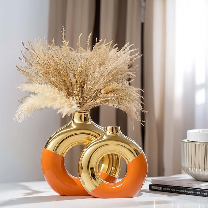 Orange and Gold Ceramic Vase Set of 2,Round Donut Hollow Flower Vases for Home Decor Accents,Modern Minimalist Centerpiece Table Decorations,Wedding,Living Room,Bookshelf,Office,Entryway