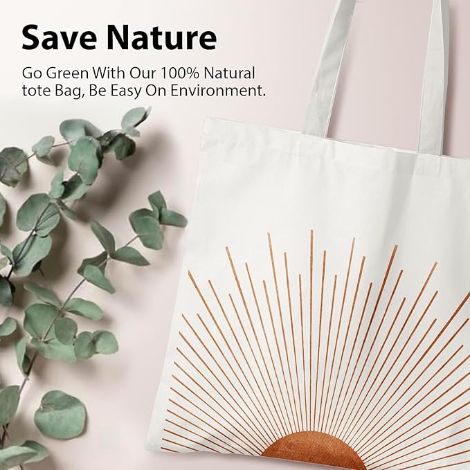 Boho Tote Bag Aesthetic, Minimalist Abstract Boho Terracotta Sun Sunshine Canvas Tote Bag for Women