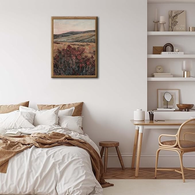 Framed 3D Textured Wall Art, Vintage Landscape Wall Decor Painting, Hand Drawn Sandstone Moody Dark Wildflower Pictures Artwork for Living Room Bedroom 16x24 inch Wood Frame