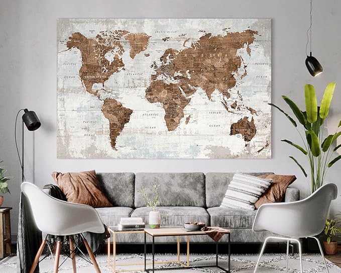 Pictures for Living Room Wall Decoration Canvas Large Wall Art Mens Office Brwon Travel Map Decor Tan Artwork