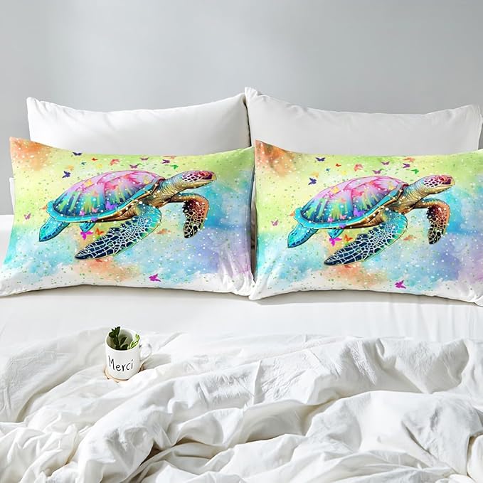 Castle Fairy Sea Turtle Comforter Covet Full Size,Watercolor Tortoise Butterfly Duvet Cover with 2 Pillowcases,Girly Dreaming Style Polyester Bedding Set for Boys Teens Bedroom Decor