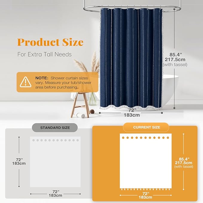 BTTN Extra Long Shower Curtain - 72x84 Long Boho Chic Striped Tassel Linen Fabric Shower Curtain Set with Hooks, Tall Modern Farmhouse Cute Heavy Duty Cloth Shower Curtains for Bathroom - Navy Blue