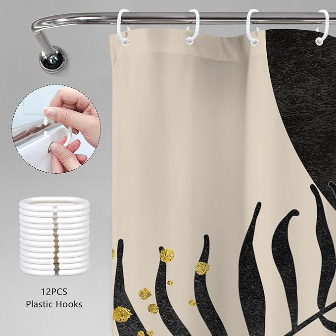 Black Boho Shower Curtain 72Wx72H Mid Century Gold Leaves Modern Bohemian Abstract Bathroom Decor Plant Botanical Minimalist Geometric Bath Curtain Fabric Polyester 12 Pack Hooks