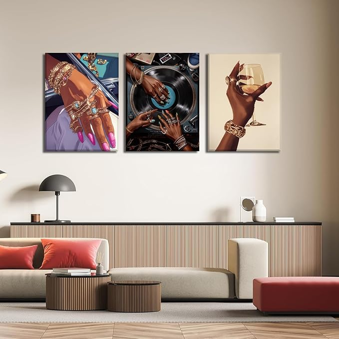 YFvrPt Black Woman Wall Art Set of 3, Trendy African American Women Wall Decor Black Girl Song Lover Canvas Poster Prints Aesthetic Pictures for Bedroom Living Room Framed 16x24 inch