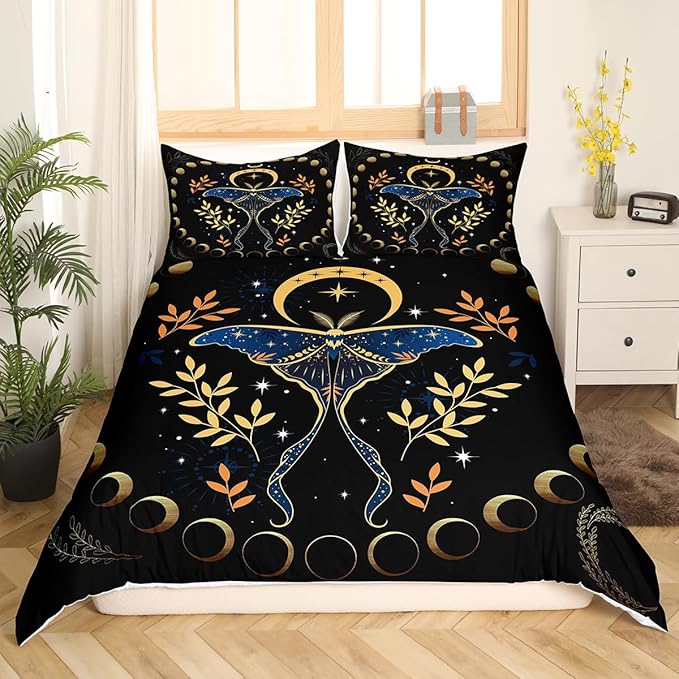 Castle Fairy Gothic Moth Bedding Set Queen Size,Bohemian Stars Moon Starry Galaxy Duvet Cover Set for Children Adult,Leaves Botanical Exotic Soft Comforter Cover for Dorm Room, Zipper, Ties
