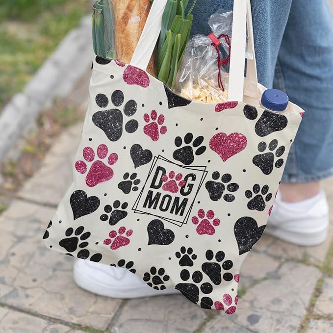 Dog Mom Canvas Tote Bags - Reusable Grocery Bags for Shopping, Funny Dog Lover Gifts for Women