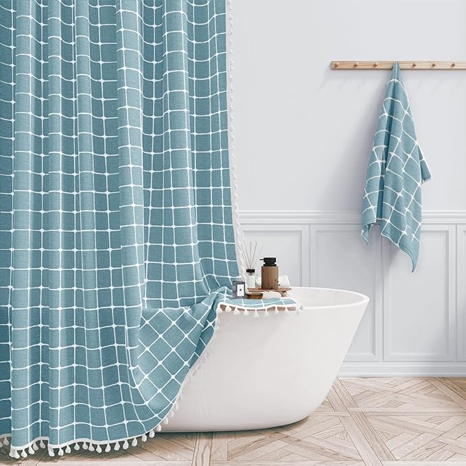 BTTN Boho Farmhouse Shower Curtain - Linen Rustic Heavy Duty Fabric Shower Curtain Set with Tassel, Water Repellent, Bohemian Vintage Country Cloth Shower Curtains for Bathroom, Teal/Turquoise, 72x72