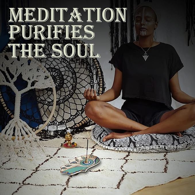 Ceramic Hamsa Hand Incense Holder - 2 in 1 Brass Incense Holder for Sticks and Coil Incense- Zen Decor with Hand of Fatima Design Protection from Evil - 6.2" L X 4.5" W (Blue)