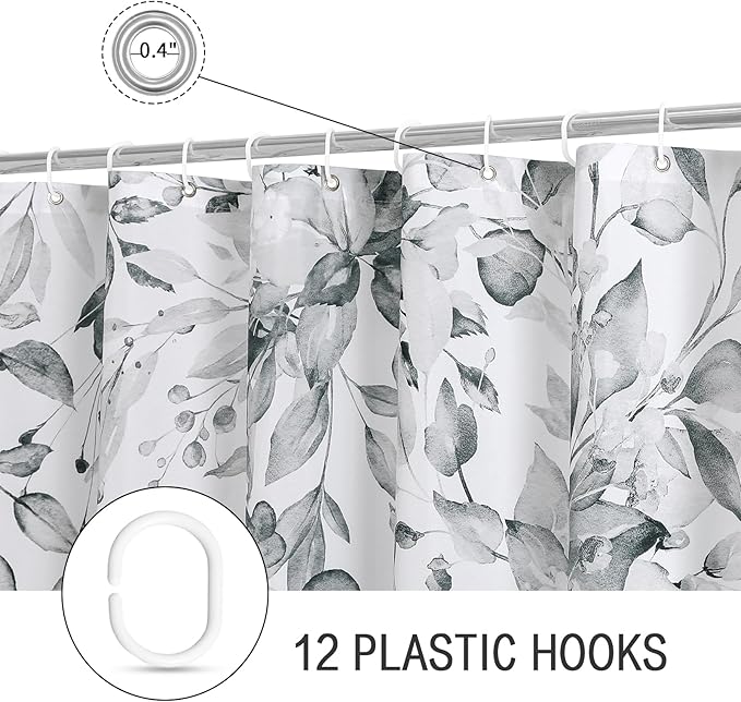 Gibelle Extra Long Shower Curtain 72 x 84, Grey Floral Shower Curtain for Bathroom, Watercolor Plant Eucalyptus Leaves Fabric Shower Curtain Set with Hooks