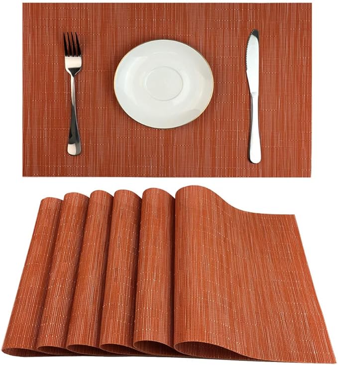 WAZAIGUR Placemats Set of 6 for Dining Table Heat-Resistant Washable Place Mats Woven Vinyl Kitchen Table Mats Easy to Clean,Orange