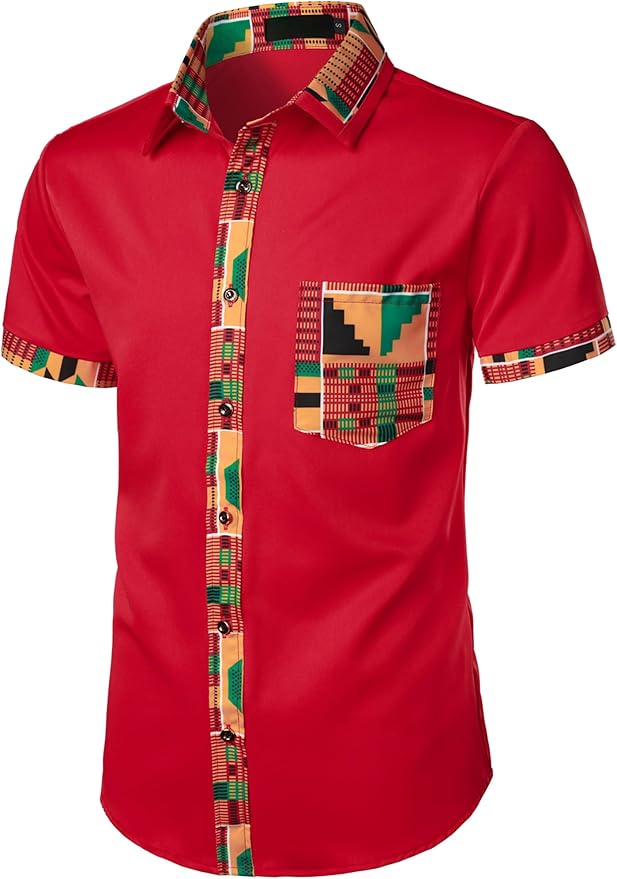 ZEROYAA Men's African Printed Patchwork Design Short Sleeve Button up Shirt