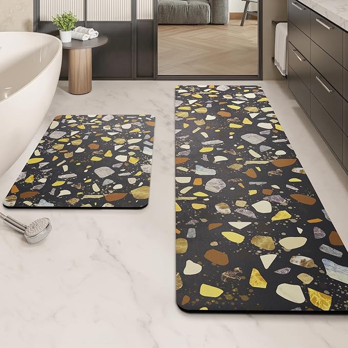 MontVoo -Bath Mat-Non Slip Thin Bathroom Rugs Fit Under Door- Quick Dry Absorbent Faux Suede Surface Grey Bathroom Floor Mats-Shower Rug for in Front of Bathtub Shower Black & Multi Color 17x27.5