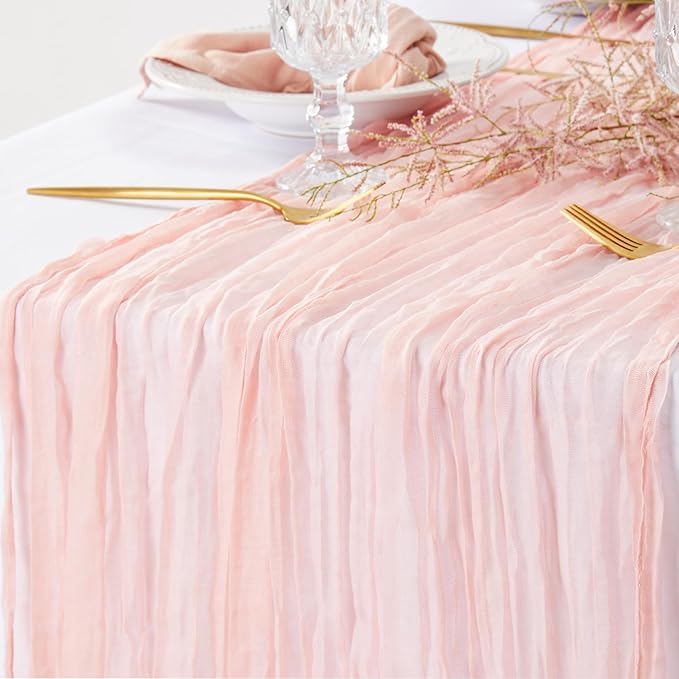 2 Pieces Pink Cheesse Cloth Table Runners 10FT for Bridal Shower Decorations Blush Pink Cheesecloth Table Runner Wedding Runner for Wedding Baby Shower Birthday Boho Table Decorations