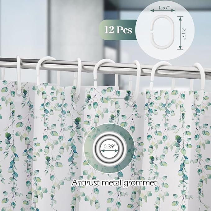 Aimego Sage Green Eucalyptus Shower Curtain-Spring Summer Watercolor Plant Leaves Nature Botanical Bathroom Decor Fabric Cloth Bath Shower Curtain Set with 12 Hooks, 72"x72", White