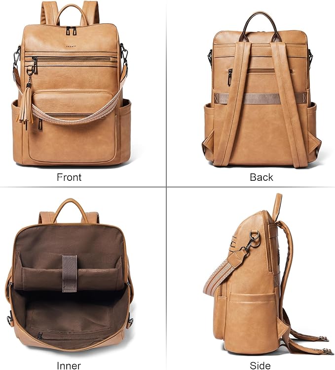 Shrrie 15.6 inch Laptop Backpack for Women,Large Leather Purse,Travel Backpacks Carry on,Water Resistant Casual Laptop Backpacks,College Backpack,Work Backpack for Women,Two-tone Camel Brown