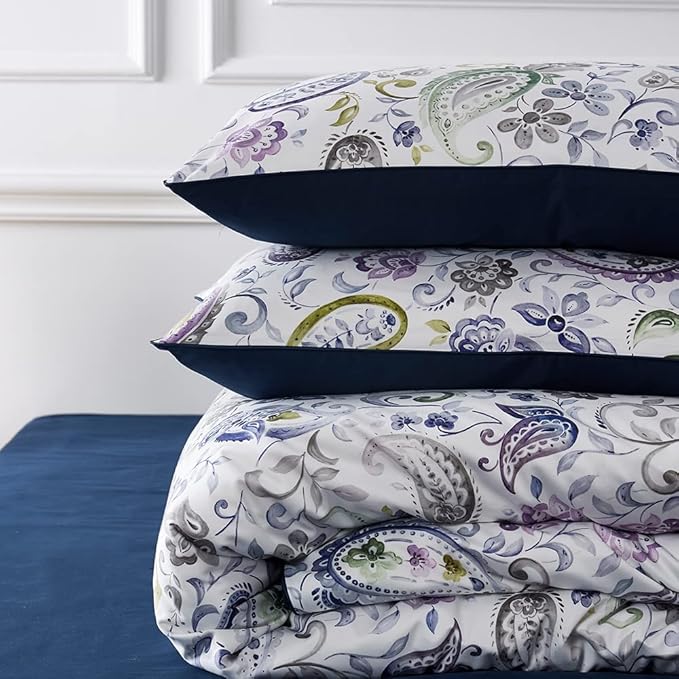 Cupocupa Duvet Cover Set, King, Microfiber, White Paisley Pattern, Boho Floral, 3 Pcs
