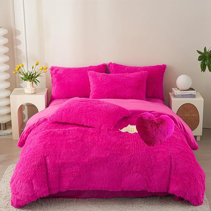 MorroMorn 5 PCS Shaggy Duvet Cover Bedding Set - Fluffy Comforter Cover Long Faux Fur Luxury Ultra Soft Cozy (Hot Pink, King/California King)
