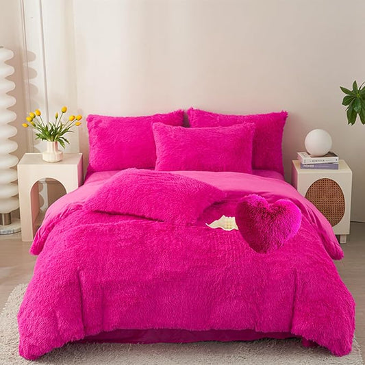 MorroMorn 5 PCS Shaggy Duvet Cover Bedding Set - Fluffy Comforter Cover Long Faux Fur Luxury Ultra Soft Cozy (Hot Pink, King/California King)