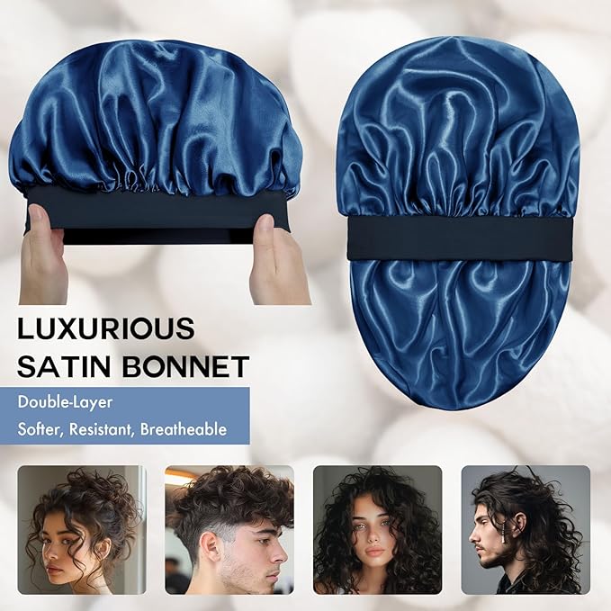 Satin Silk Bonnet for Sleeping, Double Layer Silk Sleep Cap for Men & Women, Soft Satin Lined Bonnet for Natural & Curly Hair(Navy Blue)