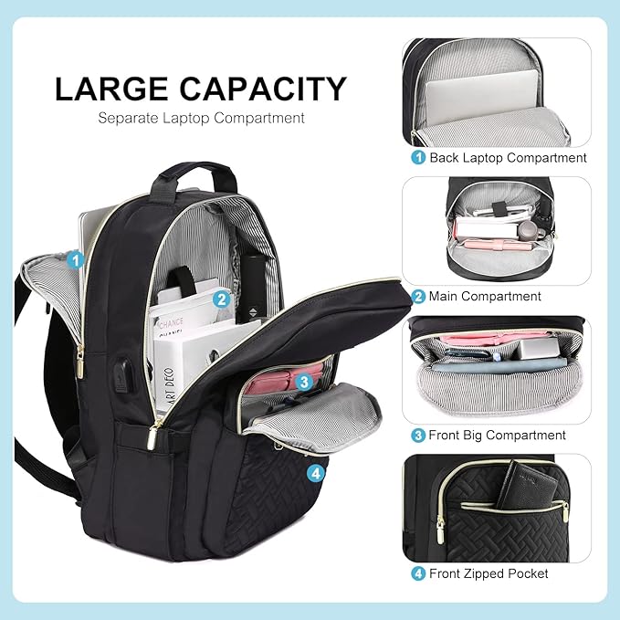LOVEVOOK Laptop Backpack for Women, Stylish Quilted Backpacks Purse for Business Work Travel, Computer Bags Bag, with USB Port fits 15.6-inch Laptop, Black