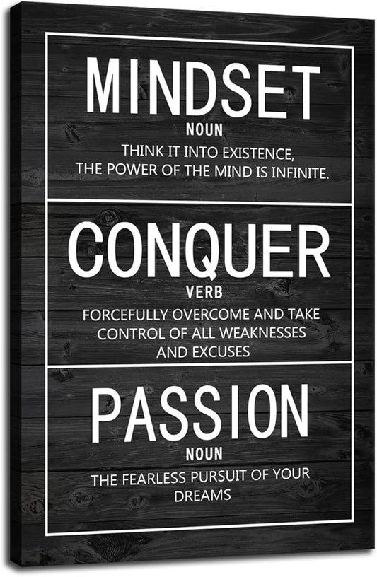 Inspirational Poster Passion Mindset Conquer Motivational Canvas Wall Art Paintings Inspiration Artwork Living Room Office Prints Wall Decor Decoration Wooden Framed Ready to Hang [24''Wx 36''H]
