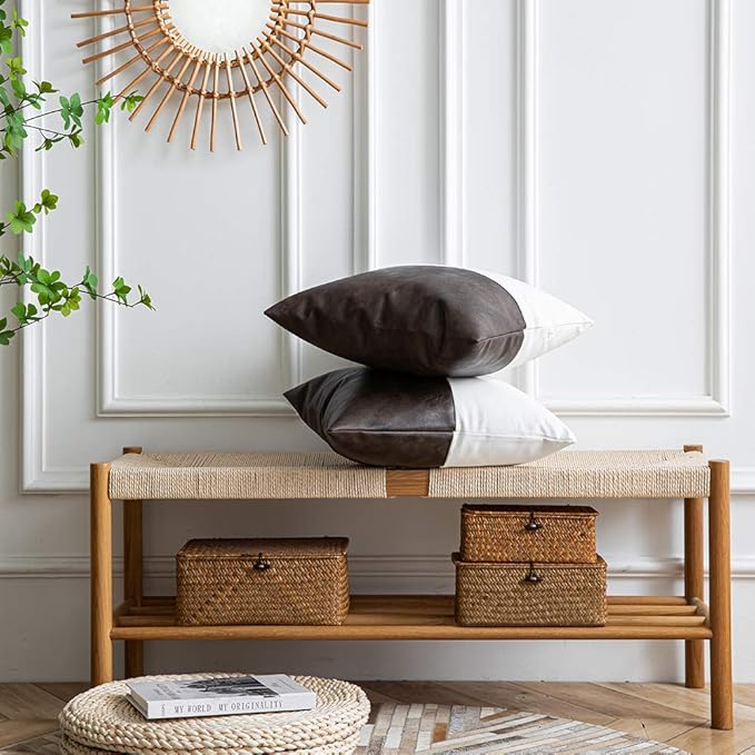 DEZENE Leather Throw Pillow Covers, Set of 2 Modern Leather/Cotton Decorative Pillowcases for Home Decor Bedroom Living Room Couch Bed Sofa, 18x18 Inch, Dark-Brown and White