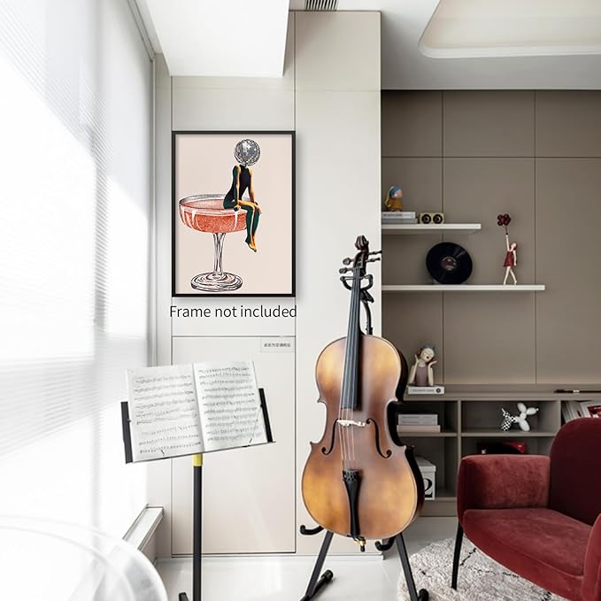 Sufeasdf Funky Disco Ball Girly Head Poster 70s Retro Cocktail Canvas Wall Art Trendy Vintage Beige Prints Painting for Family Bar Wall Decor 24x36 inch Unframed