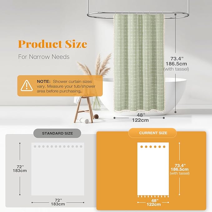 BTTN Boho Shower Stall Curtain - 48x72 Narrow Linen Ultra Thick Tassel Fabric Shower Curtain Set with 8 Plastic Hooks, Half Camper RV Modern Farmhouse Country Shower Curtains for Bathroom, Sage Green