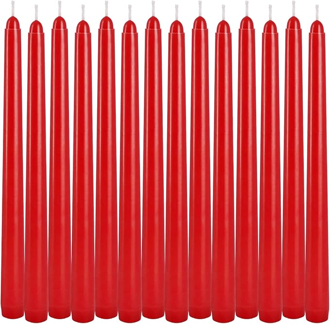 24 Pack Red Taper Candles, 7-8 Hours Burn Time, Unscented, Smokeless and Dripless, 0.75 x 10 Inch Dinner Candle Set for Christmas,Household, Wedding, Party and Home Décor Candlesticks