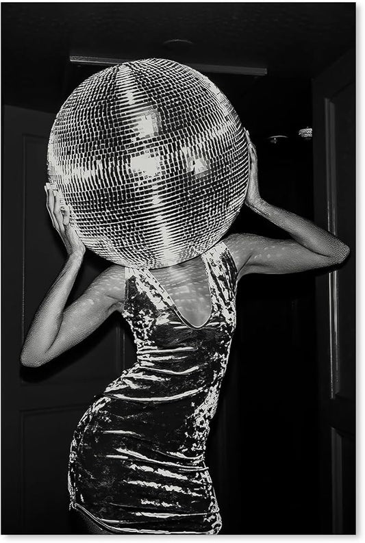 Sufeasdf Vintage Funky Y2k Hot Girl Poster Black and White Disco Ball Canvas Wall Art Trendy Preppy Bar Cart Decor for Living Room Dorm 24x36 inch Unframed