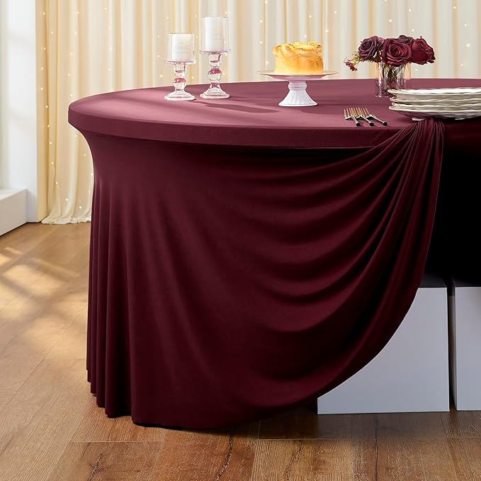 Outpain 6 Pack 72inch Burgundy Spandex Round Tablecloths, Stretchy 132inch Fitted 6FT Round Table Cloths, Wrinkle Free Table Cover with Skirt for Wedding Party Dining Banquet