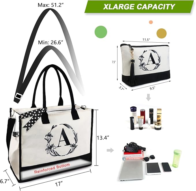 BeeGreen Embroidery Monogram Initial Tote Bag for Women Teacher Mom Friend Personalized Gift for Birthday Beach Work Wedding