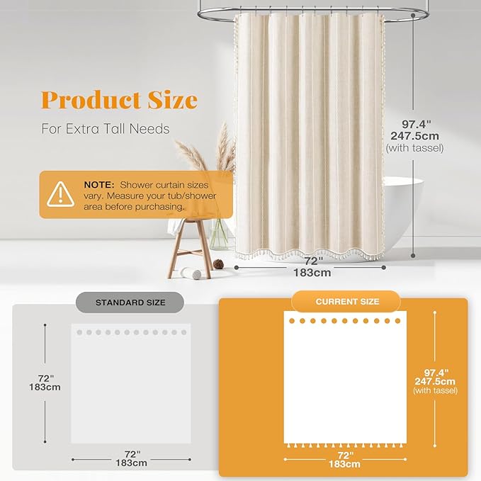 BTTN Extra Long Shower Curtain, 72x96 Long Striped Boho Chic Linen Fabric Heavy Duty Shower Curtain Set with Hooks, Tall Bohemian Farmhouse Luxury Tassel Cloth Shower Curtain for Bathroom, Cream/Beige
