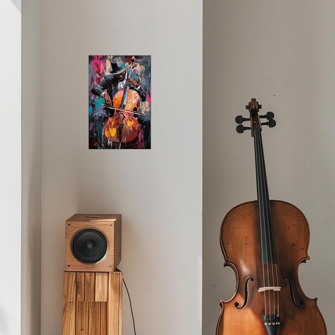 SWQYLB Black Music Wall Art Abstract Jazz Wall Decor African American Painting Canvas Musical Instruments Pictures Classroom Music Men Room Decor Framed (Black, (16.00" x 24.00"))