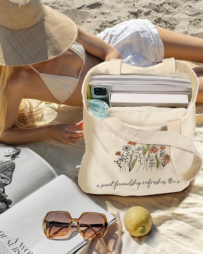 Aesthetic 2 Pack Canvas Tote Bag - with Makeup Zipper Pouch for Women Bag for Shopping, Gym, Travel, Vacation