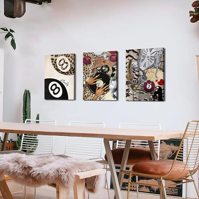 Trendy Leopard Wall Art Set of 3, Cheetah Wall Decor Aesthetic, Black Girl 8 Ball Poster Canvas Print Pictures Funky Lucky Artwork for Bedroom Living Room Framed 12x16 inch