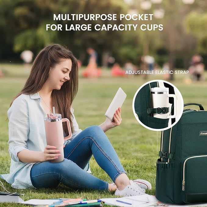 LOVEVOOK Laptop Backpack for Women with Pouch Pocket for Large Capacity Cup,18 Inch Laptop Computer Bag Travel Backpack Purse,Waterproof Work Business Backpack College Teacher Bags,Dark Green