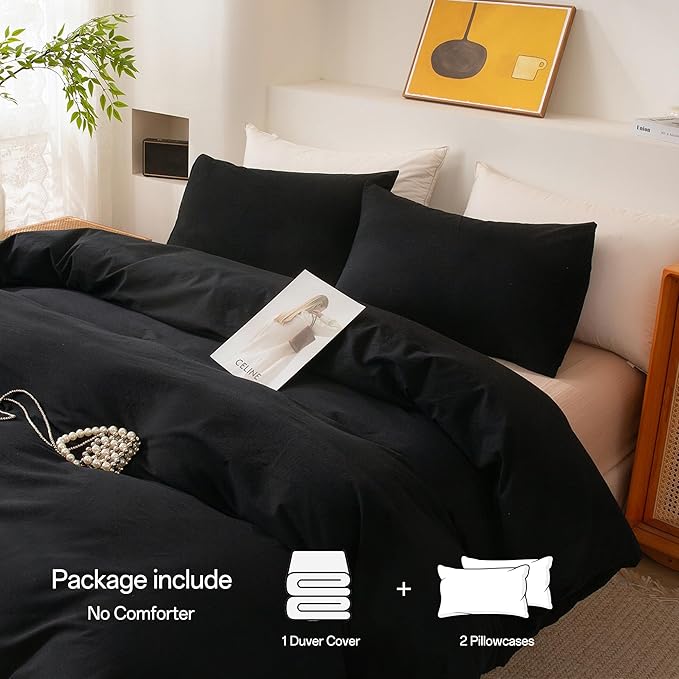 ECOCOTT Black Duvet Cover Oversized King Size - 100% Washed Cotton Durable Soft Comfy Duvet Cover Set, Lightweight and Breathable with Zipper Closure(120"x 98")