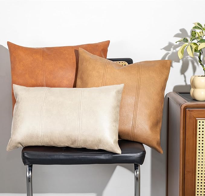 Faux Leather Throw Pillow Covers 12X20 Inch Beige Brown Outdoor Modern Farmhouse Solid Decorative Pillow Covers for Room Couch Living Bedroom Bed Sofa