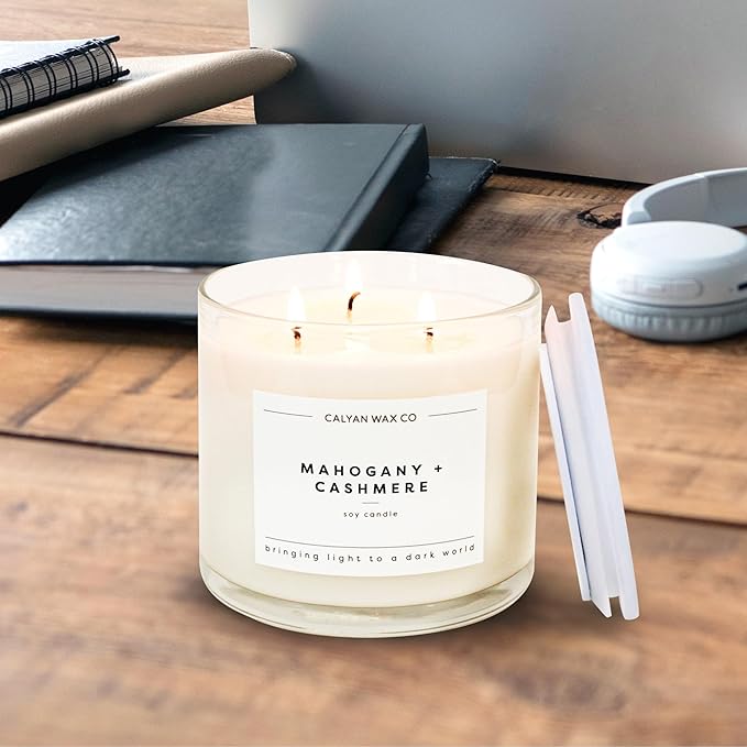 Calyan Wax Co. 3 Wick Candle, Mahogany & Cashmere Scented Candle, 43 Hour Burn Time, 3 Wick Soy Candles, Non Toxic & Vegan Soy Wax, Glass Jar Scented Candles, 14.9oz