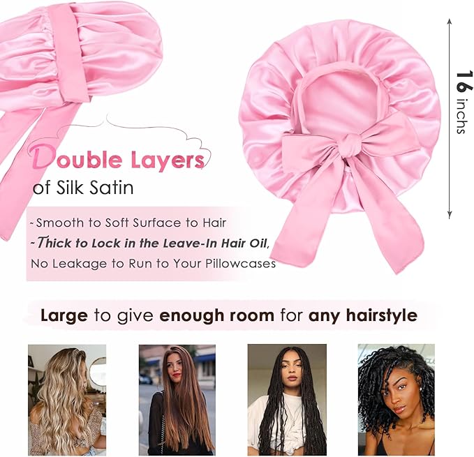 YANIBEST Silk Bonnet for Sleeping Women Satin Bonnet Double Layer Satin Lined Hair Bonnet with Tie Band Curly Hair