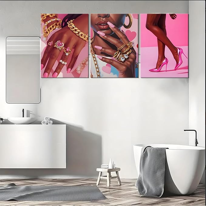ANVOTIG 3Pcs Black Girl Wall Art Pink Framed Decor African American Woman Canvas Prints Fashion Posters Gorgeous Pictures Living Room Bedroom Home Decoration16x24In