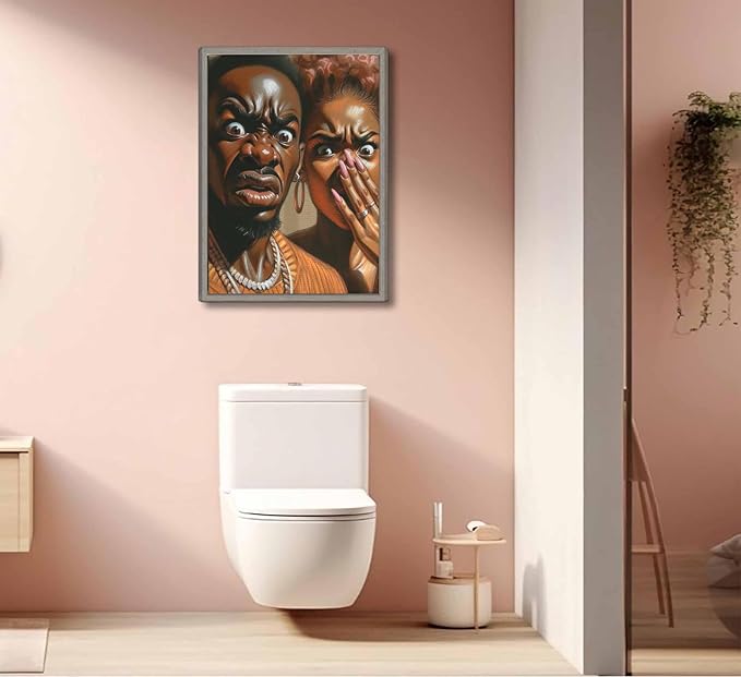 JASMIE Funny African American Bathroom Canvas Wall Art Humor Afrocentric Black Couple Unpleasant Smell Cover Nose Painting Pictures Wall Decor Print Artwork for Washroom Toilet Home Unframed