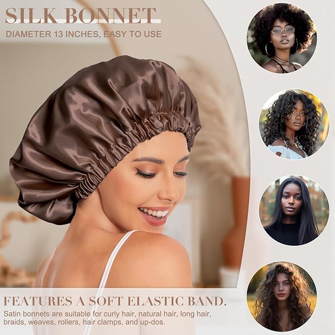 Satin Bonnet Silk Bonnet Hair Bonnet for Sleeping-Slouchy Beanie Hat Satin Sleep Cap for Women's Natural & Curly Hair(Black&Brown)
