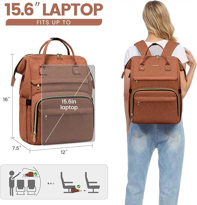 LOVEVOOK Laptop Backpack for Women,15.6 Inch Professional Womens Travel Backpack Purse Computer Laptop Bag Nurse Teacher Backpack,Waterproof College Work Bags Carry on Back Pack with USB Port,Orange