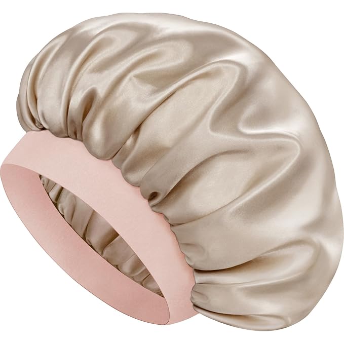 Satin Silk Bonnet for Sleeping, Double Layer Silk Sleep Cap for Men & Women, Soft Satin Lined Bonnet for Natural & Curly Hair(Champagne Pink)