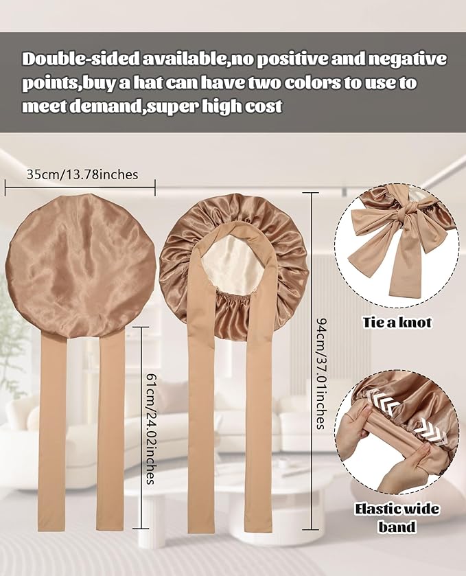 Satin Bonnet Silk Bonnet for Sleeping Silk Sleep Cap Double Layer Hair Bonnet with Elastic Tie Band for Curly Hair Night Cap (Coffee + Champagne)