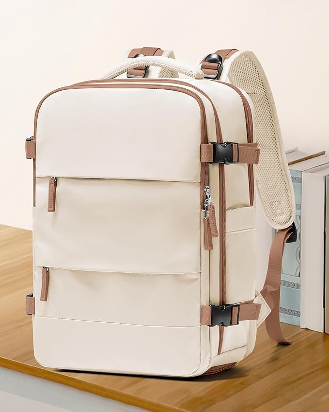 coowoz Large Travel Backpack For Women Men,Carry On Backpack Flight Approved,Hiking Outdoor Rucksack Casual Daypack Travel Bag Essentials Personal Item Backpack (Beige Brown-L)